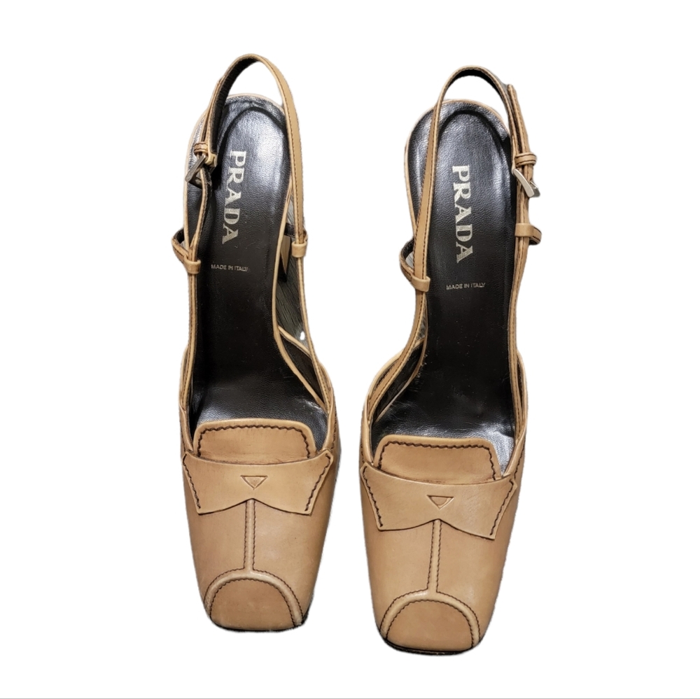 Prada Leather Slingback Closed Toe Tan Beige Heel 38 - Picture 3 of 7